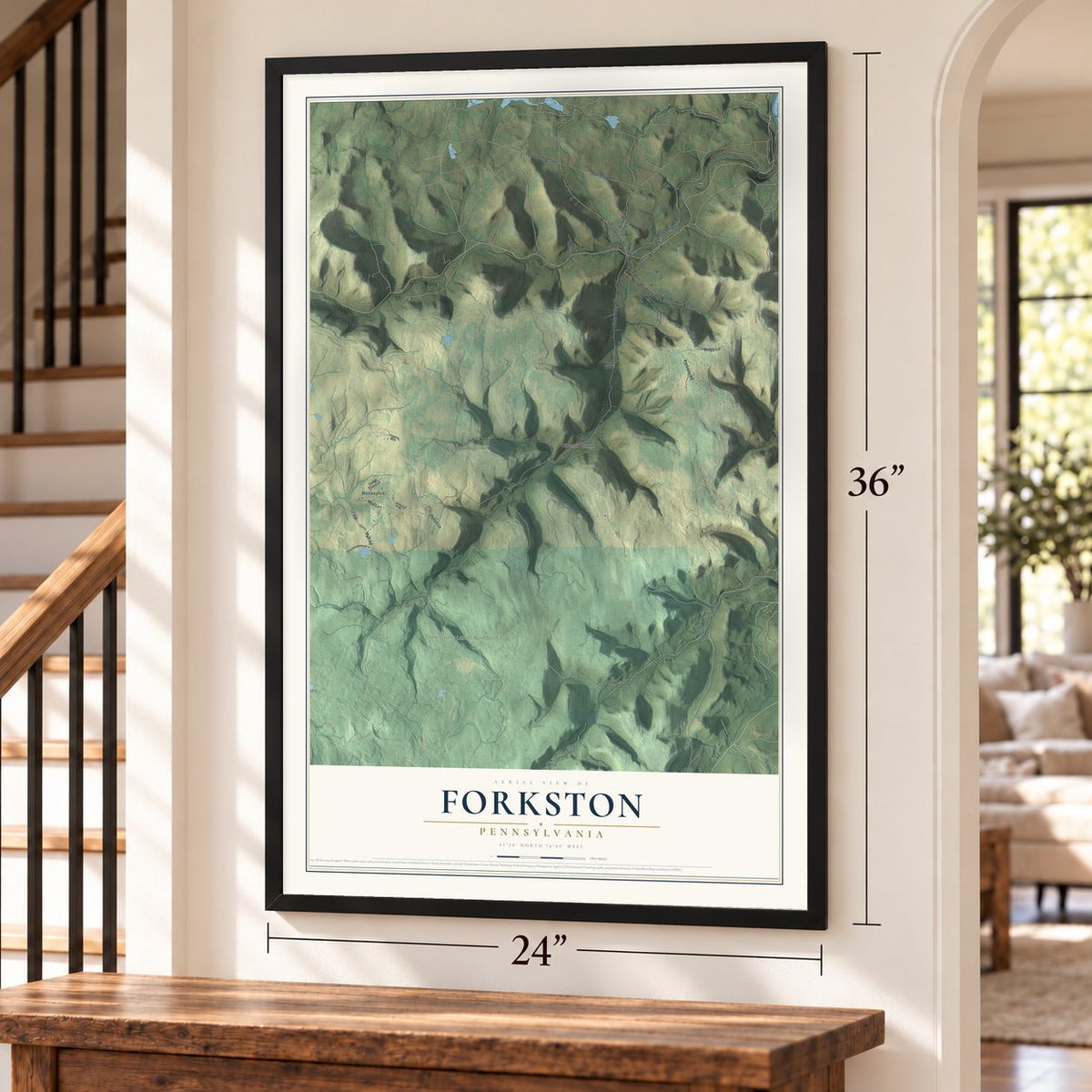 Forkston, Pennsylvania map, 24 x 36 inch print in a black frame by a staircase