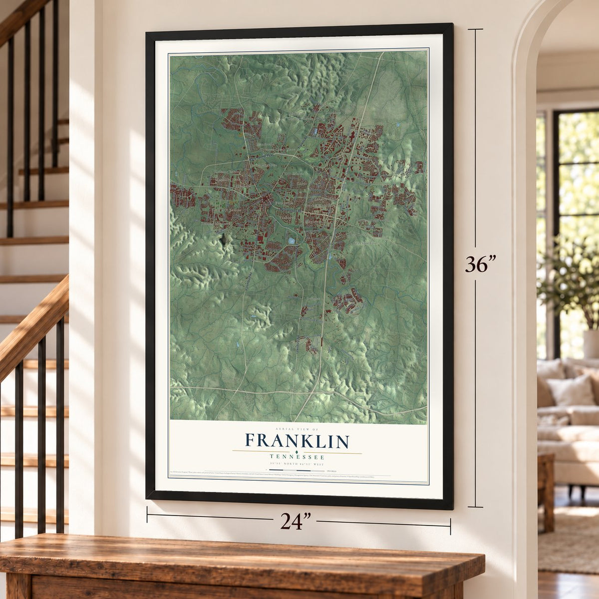 Franklin, Tennessee map, 24 x 36 inch print in a black frame by a staircase