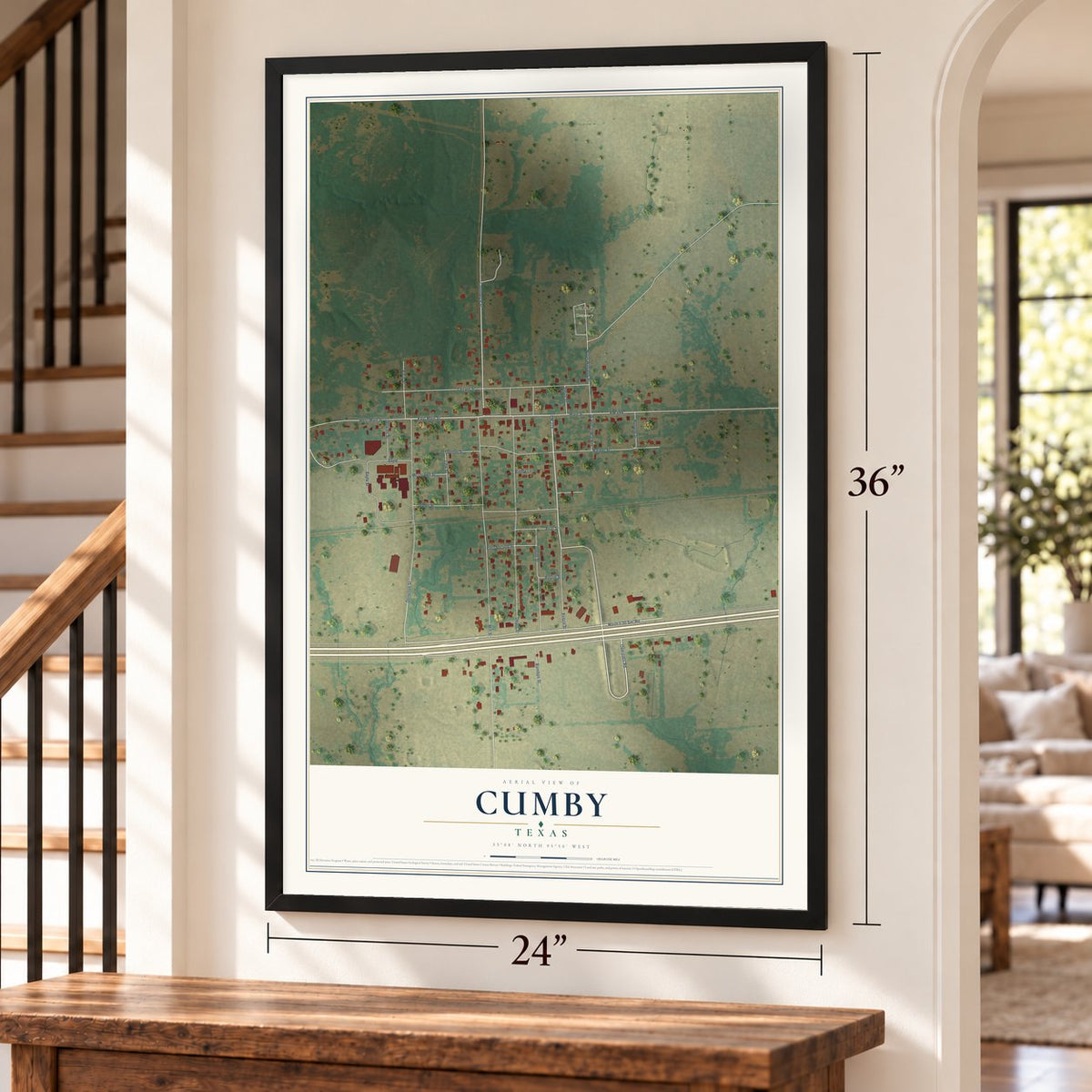 Cumby, Texas map, 24 x 36 inch print in a black frame by a staircase