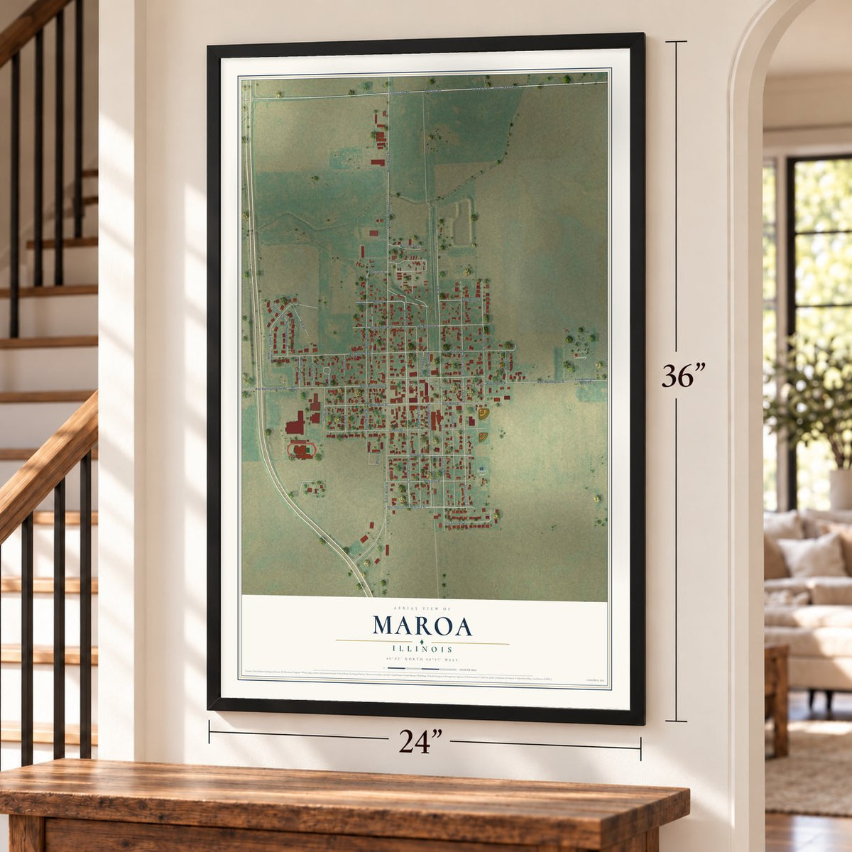 Maroa, Illinois map, 24 x 36 inch print in a black frame by a staircase