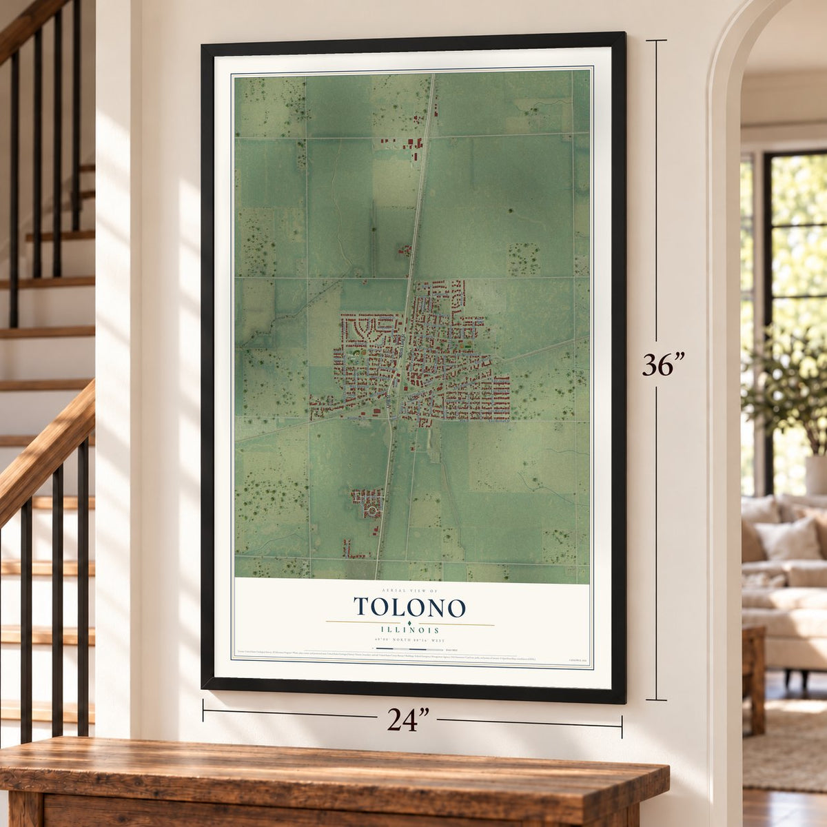 Tolono, Illinois map, 24 x 36 inch print in a black frame by a staircase