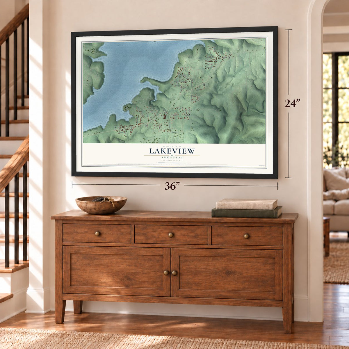 Lakeview, Arkansas map, 24 x 36 inch print in a black frame above a dresser by a staircase