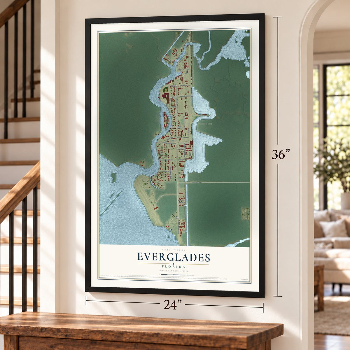 Everglades, Florida map, 24 x 36 inch print in a black frame by a staircase