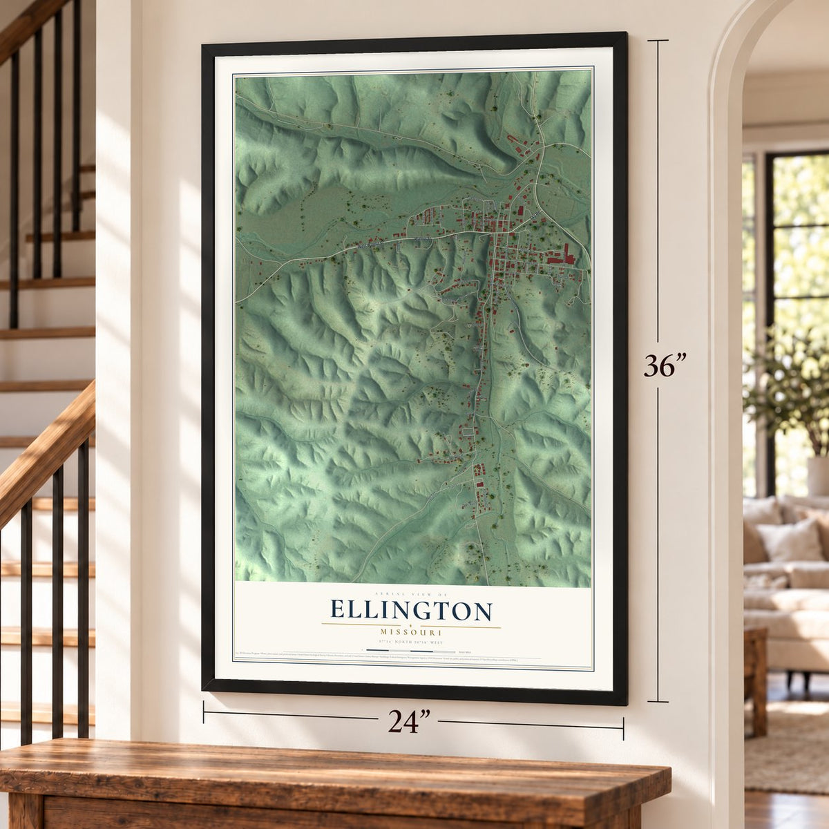 Ellington, Missouri map, 24 x 36 inch print in a black frame by a staircase