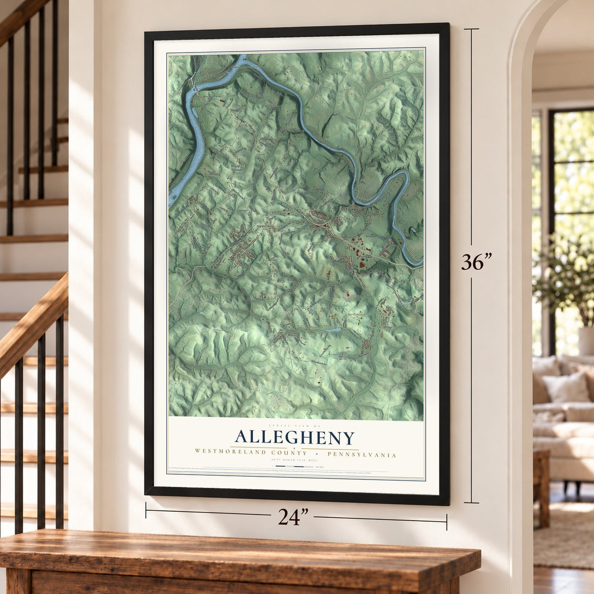 Allegheny, Westmoreland County, Pennsylvania map, 24 x 36 inch print in a black frame by a staircase