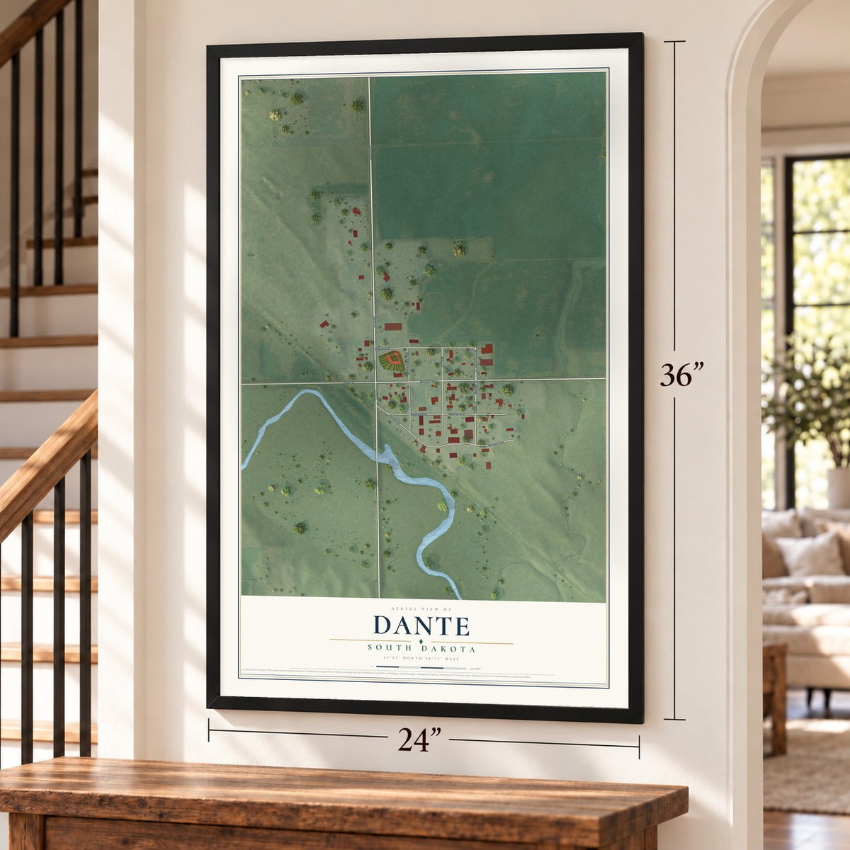 Dante, South Dakota map, 24 x 36 inch print in a black frame by a staircase