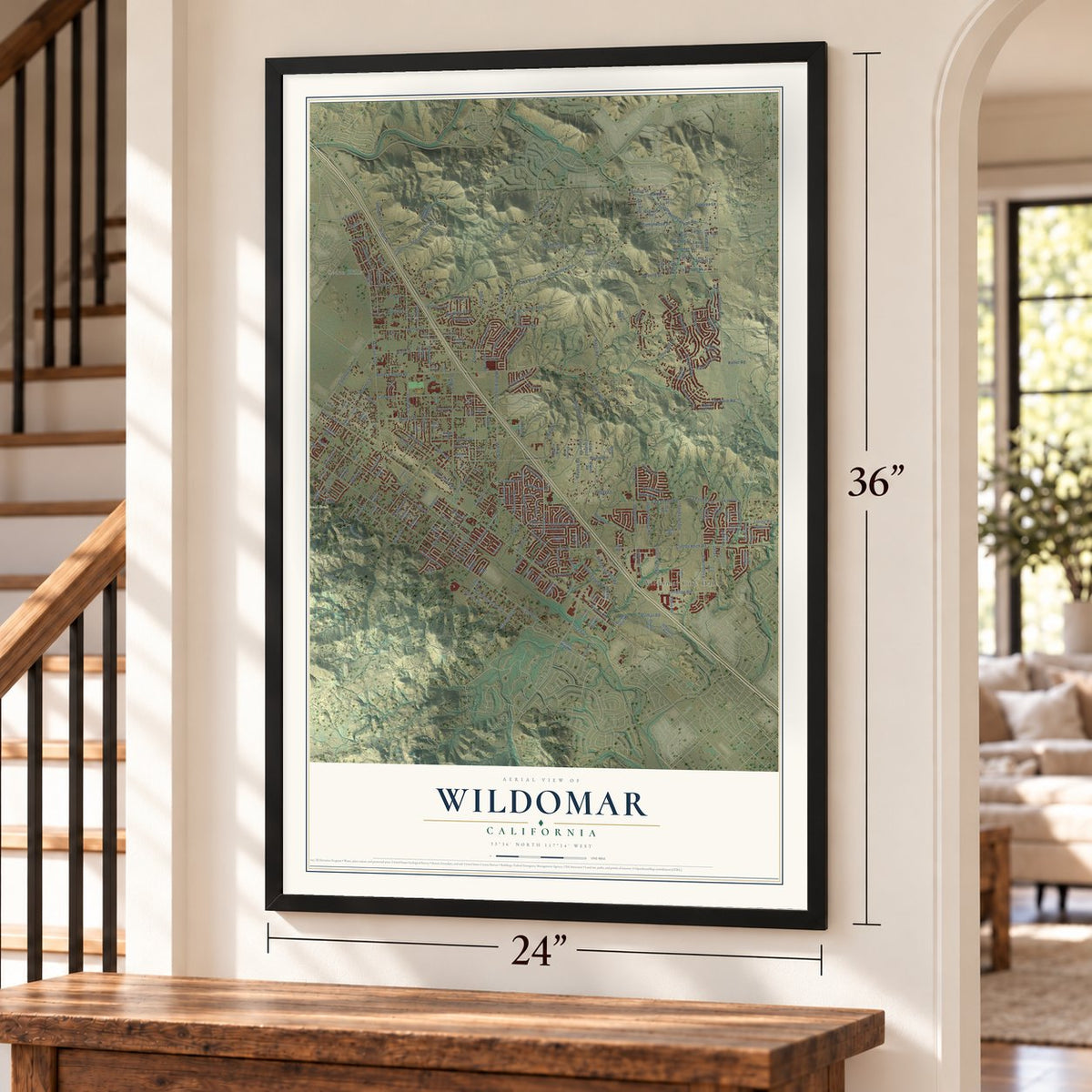 Wildomar, California map, 24 x 36 inch print in a black frame by a staircase