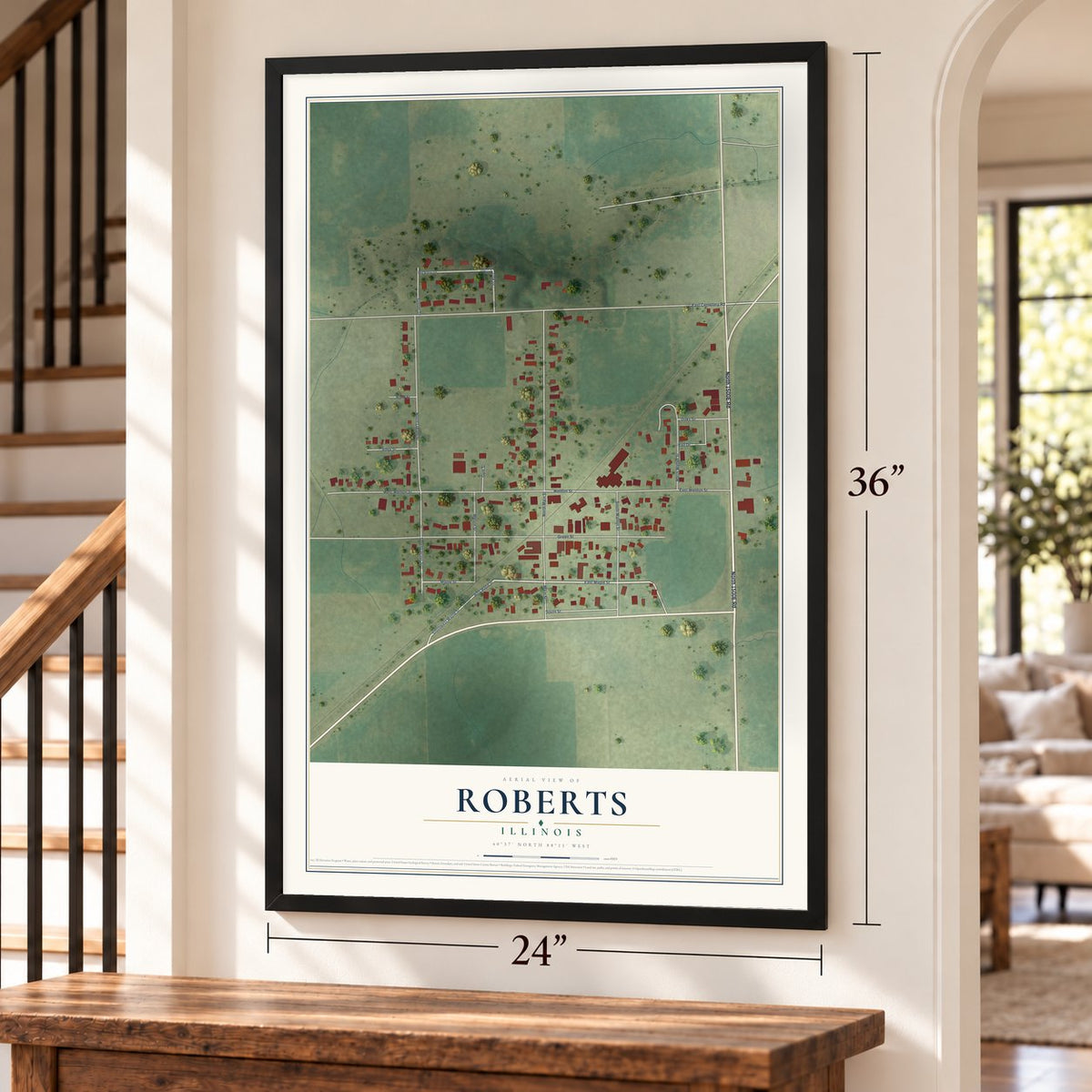 Roberts, Illinois map, 24 x 36 inch print in a black frame by a staircase