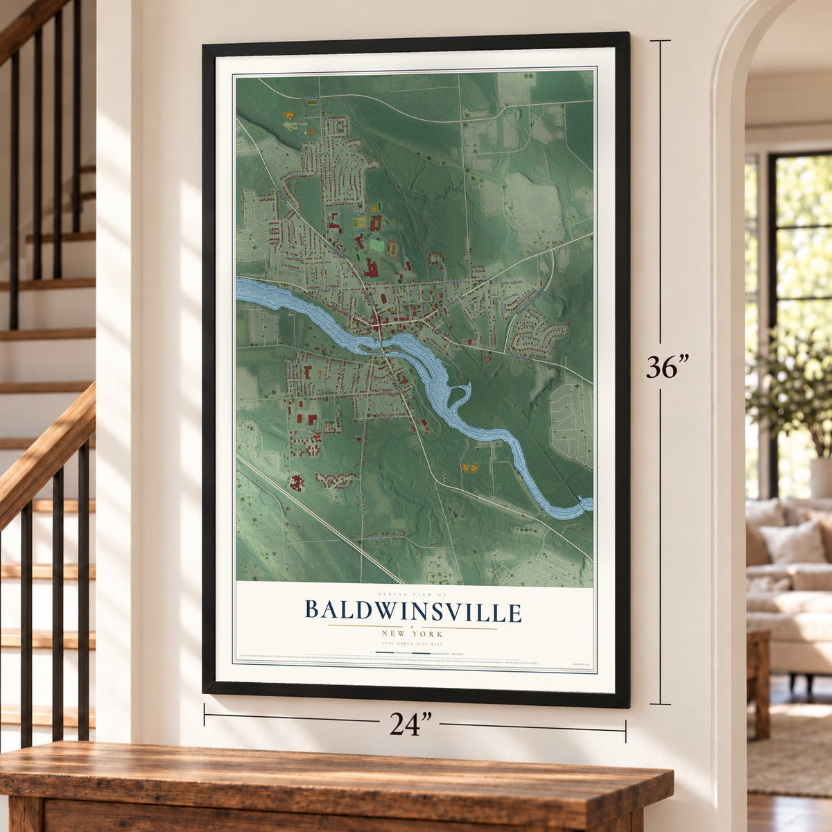 Baldwinsville, New York map, 24 x 36 inch print in a black frame by a staircase