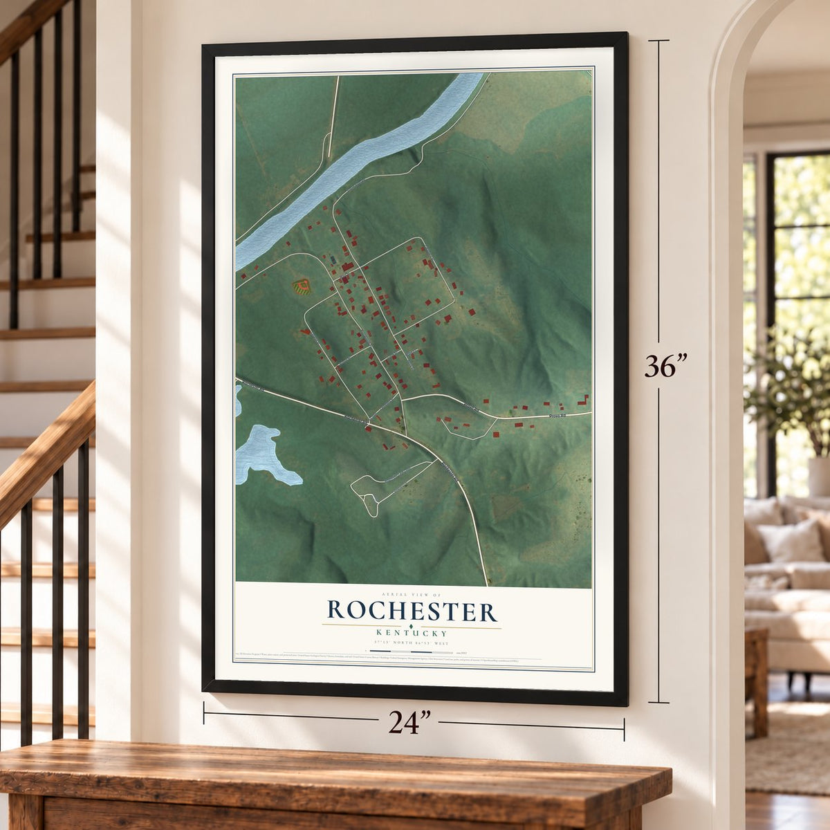 Rochester, Kentucky map, 24 x 36 inch print in a black frame by a staircase
