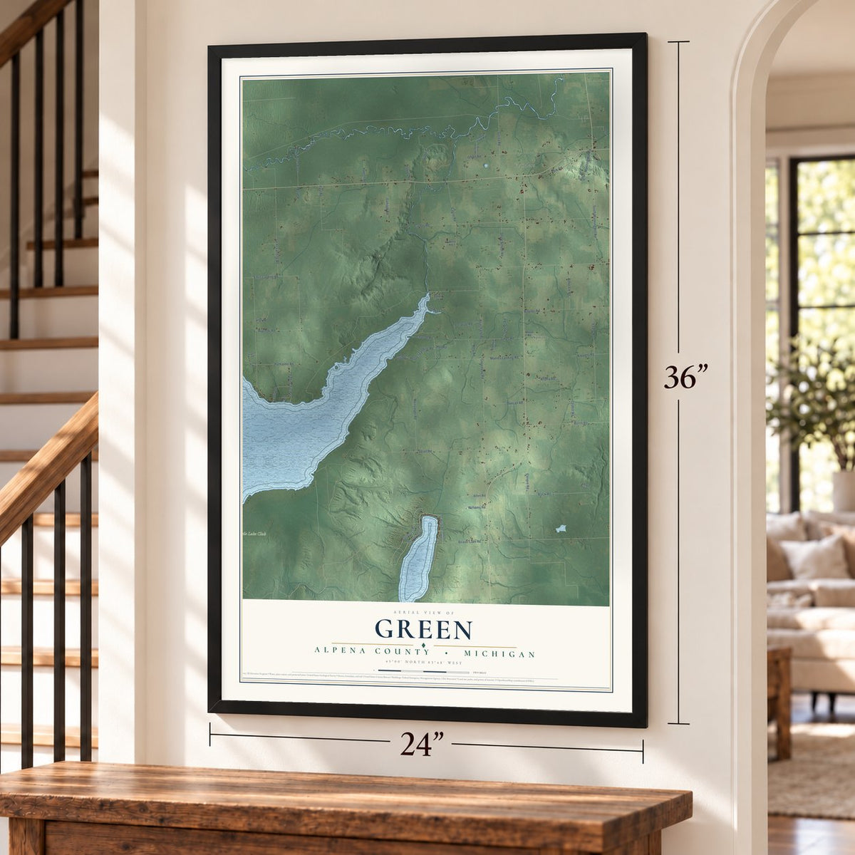 Green, Alpena County, Michigan map, 24 x 36 inch print in a black frame by a staircase