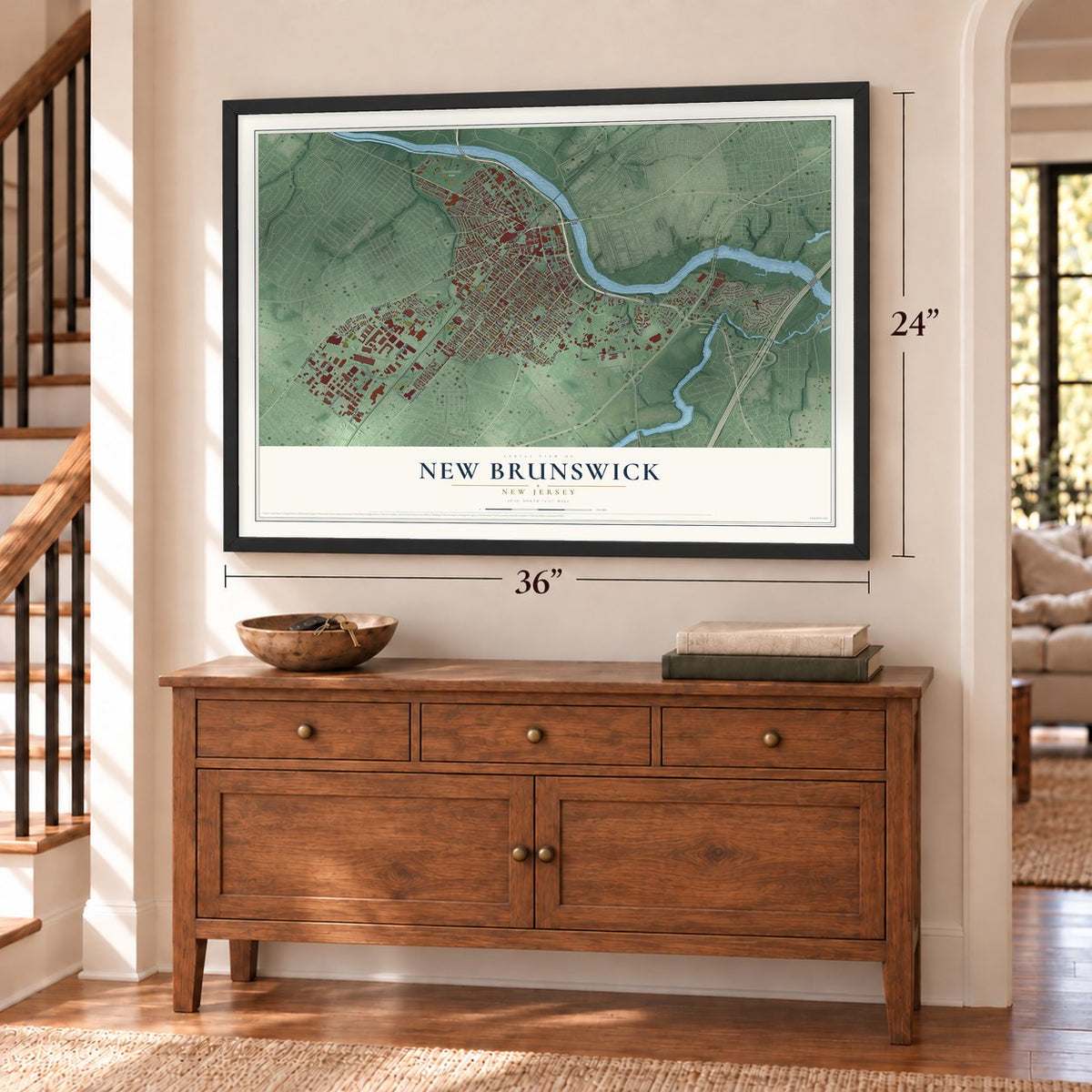 New Brunswick, New Jersey map, 24 x 36 inch print in a black frame above a dresser by a staircase