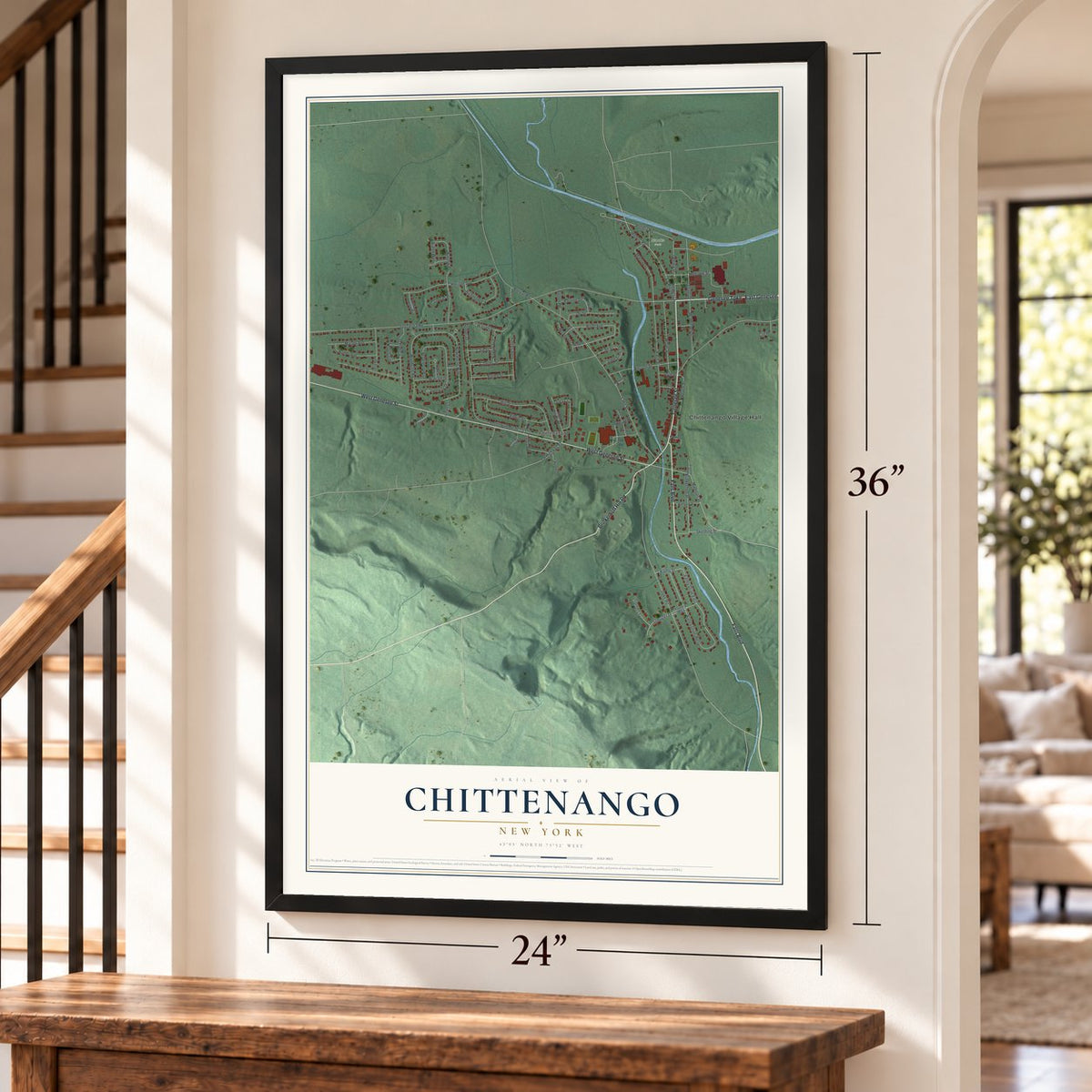 Chittenango, New York map, 24 x 36 inch print in a black frame by a staircase