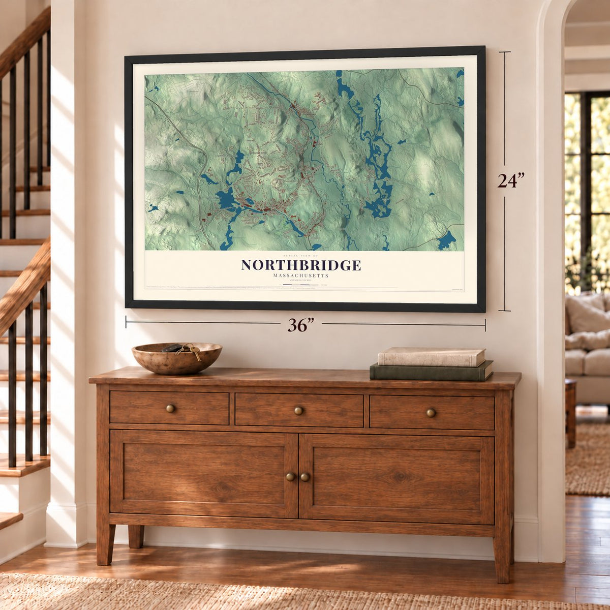 Northbridge, Massachusetts map, 24 x 36 inch print in a black frame above a dresser by a staircase