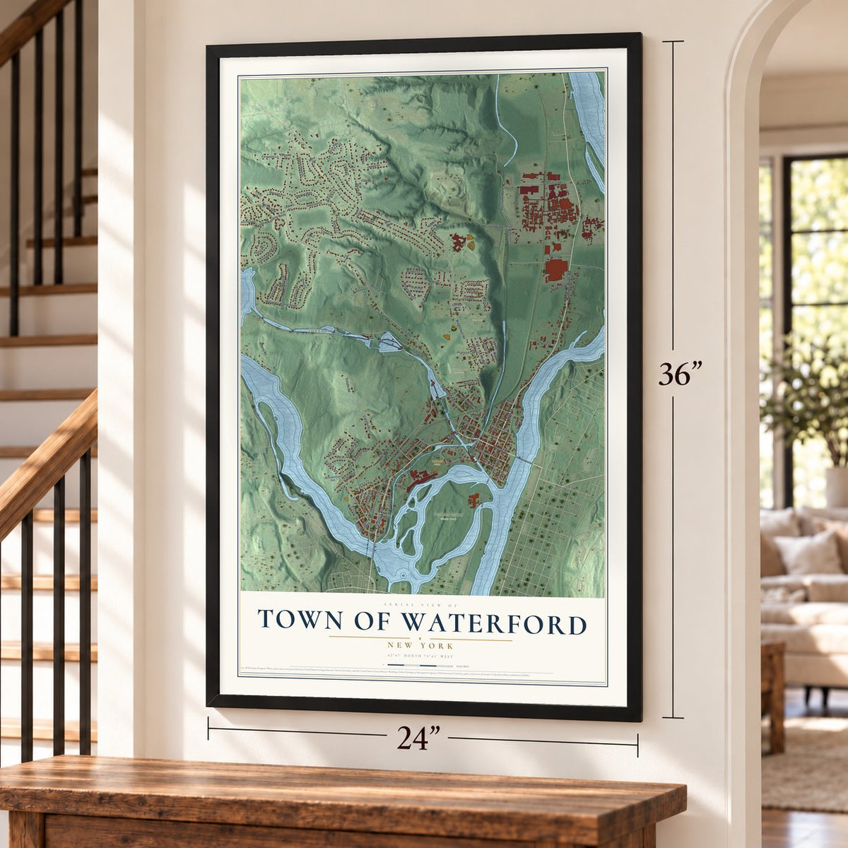 Town of Waterford, New York map, 24 x 36 inch print in a black frame by a staircase
