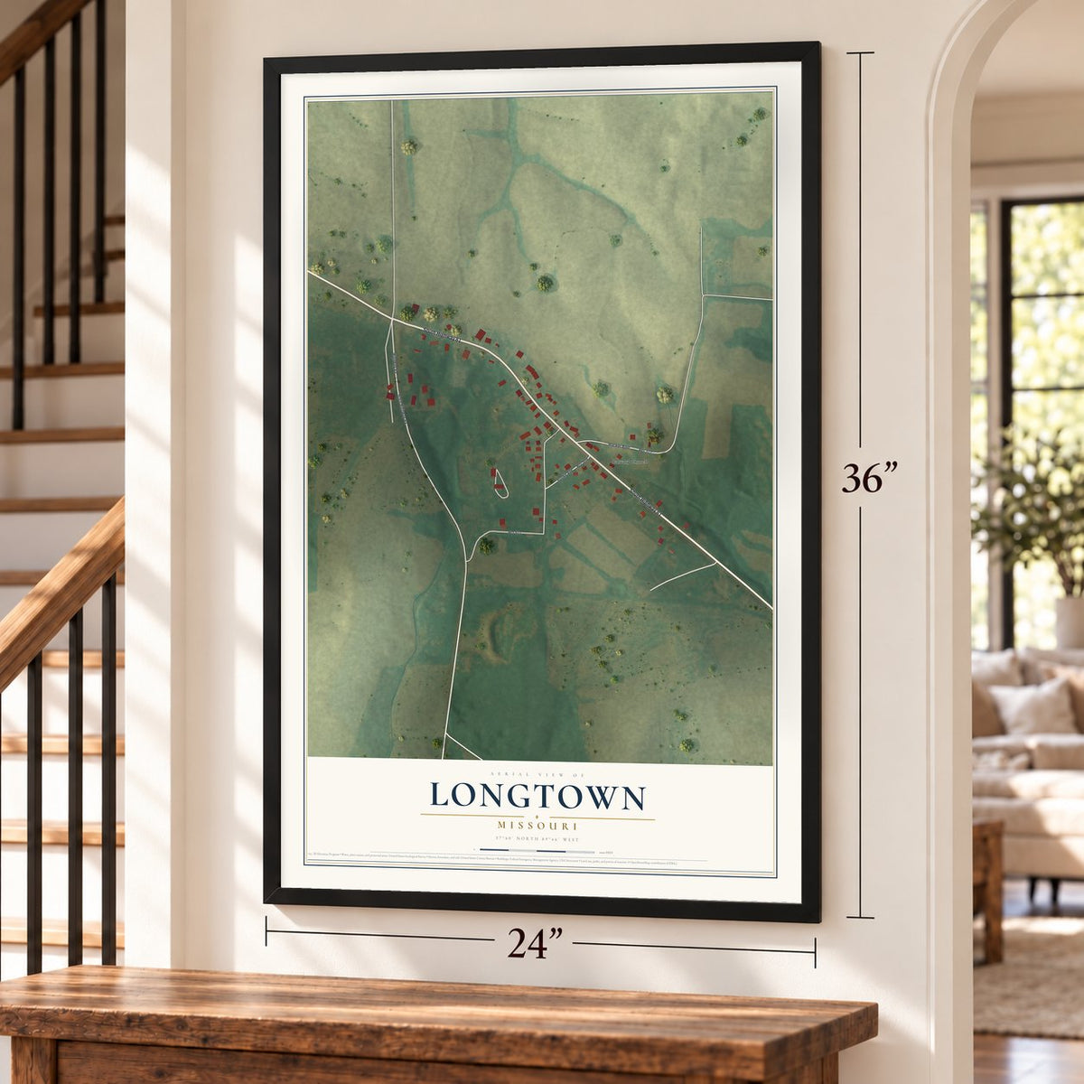 Longtown, Missouri map, 24 x 36 inch print in a black frame by a staircase