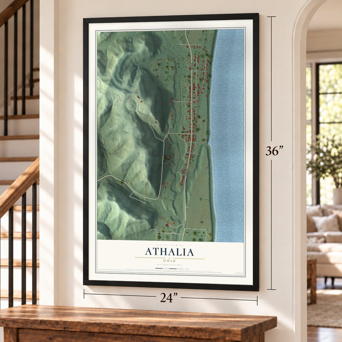 Athalia, Ohio map, 24 x 36 inch print in a black frame by a staircase