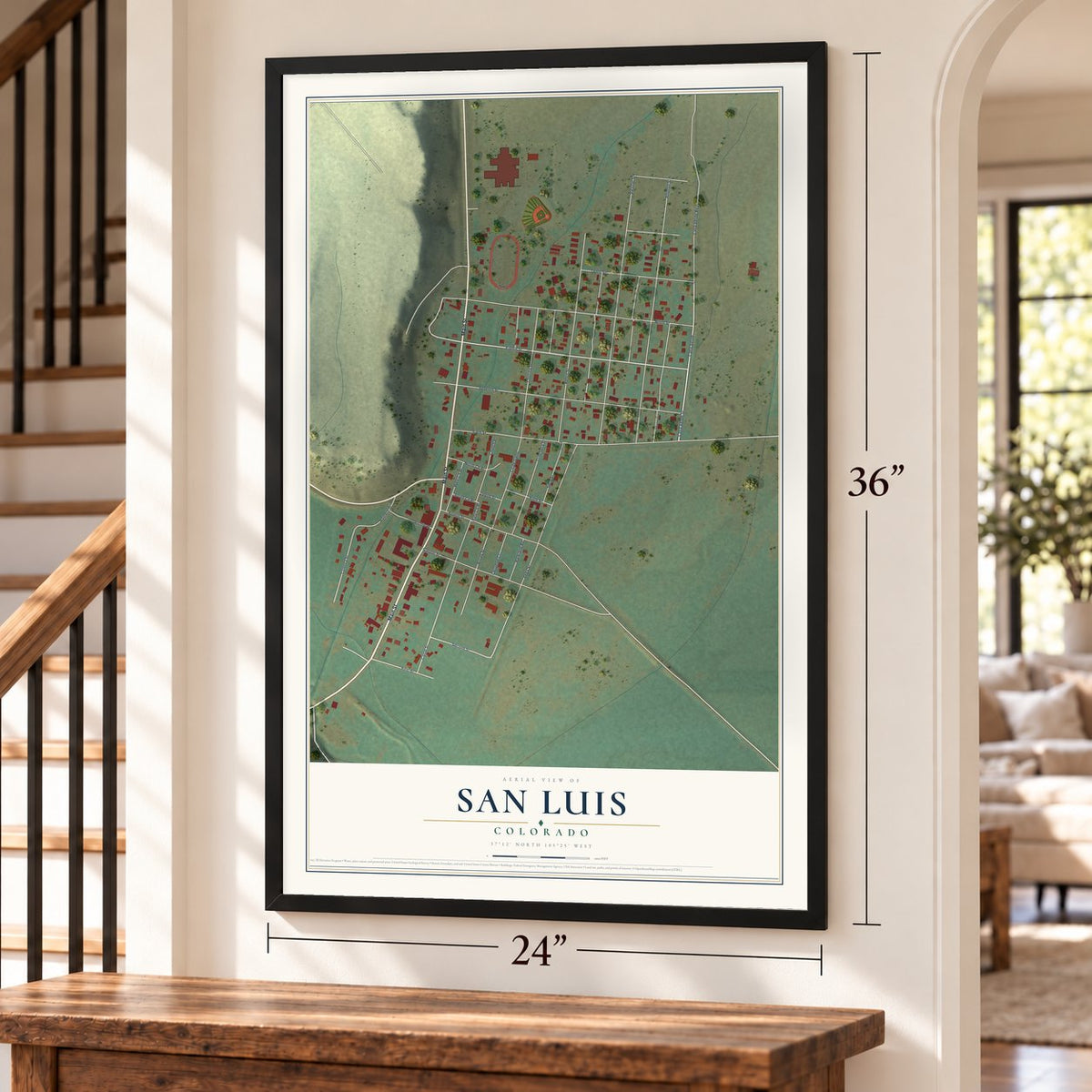 San Luis, Colorado map, 24 x 36 inch print in a black frame by a staircase