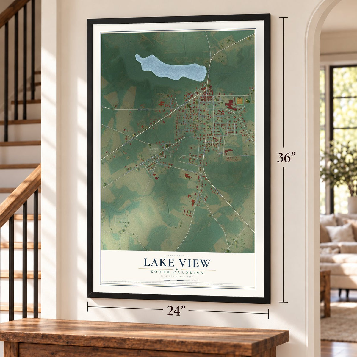 Lake View, South Carolina map, 24 x 36 inch print in a black frame by a staircase
