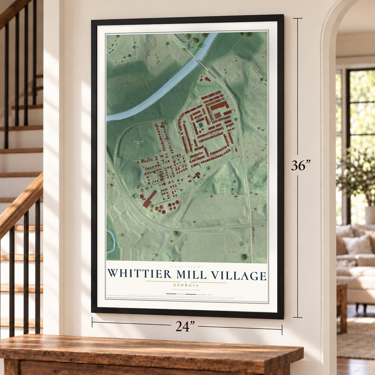 Whittier Mill Village, Georgia map, 24 x 36 inch print in a black frame by a staircase