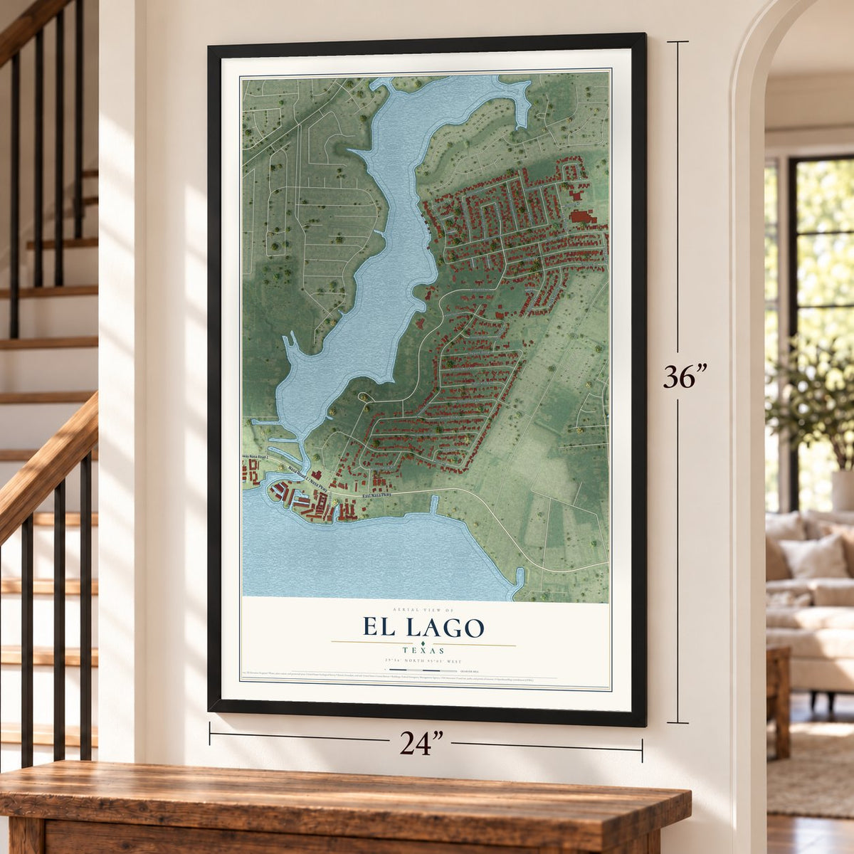 El Lago, Texas map, 24 x 36 inch print in a black frame by a staircase