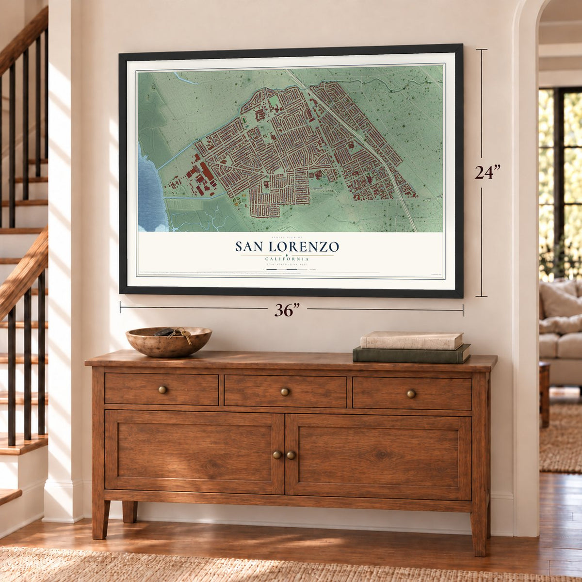 San Lorenzo, California map, 24 x 36 inch print in a black frame above a dresser by a staircase