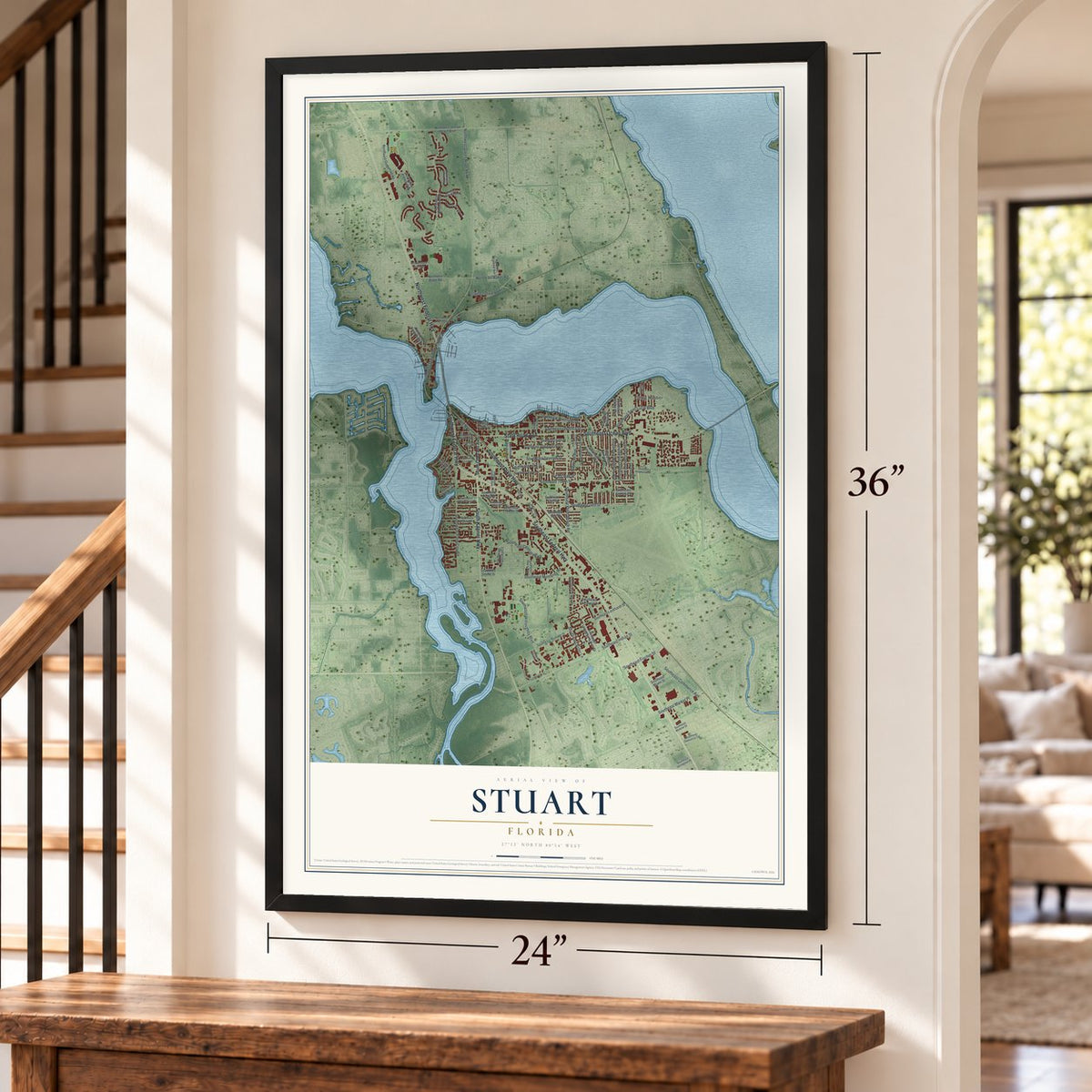 Stuart, Florida map, 24 x 36 inch print in a black frame by a staircase
