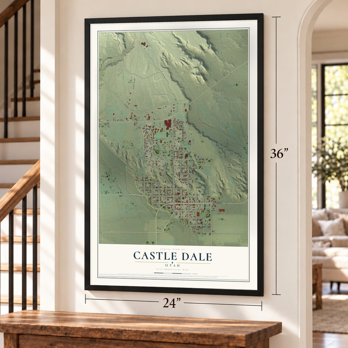 Castle Dale, Utah map, 24 x 36 inch print in a black frame by a staircase