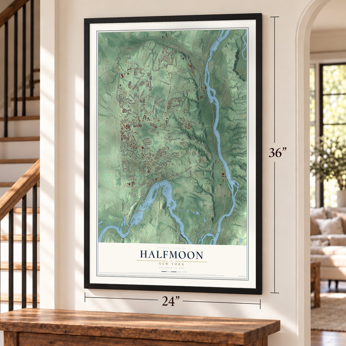 Halfmoon, New York map, 24 x 36 inch print in a black frame by a staircase