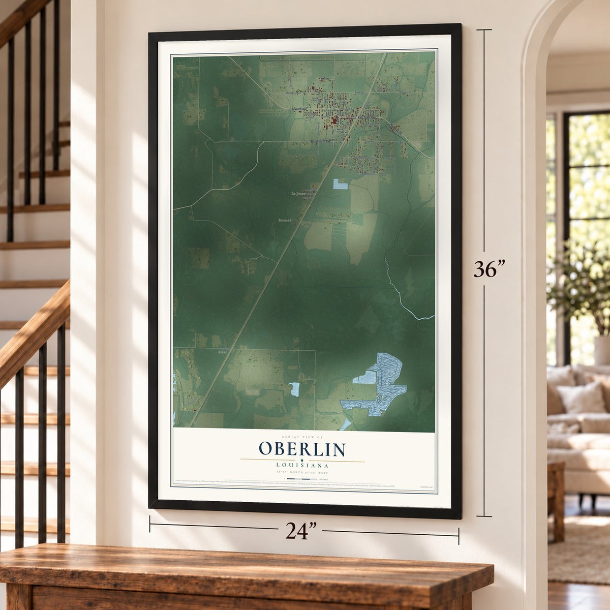 Oberlin, Louisiana map, 24 x 36 inch print in a black frame by a staircase