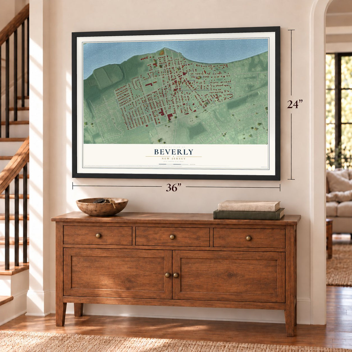Beverly, New Jersey map, 24 x 36 inch print in a black frame above a dresser by a staircase