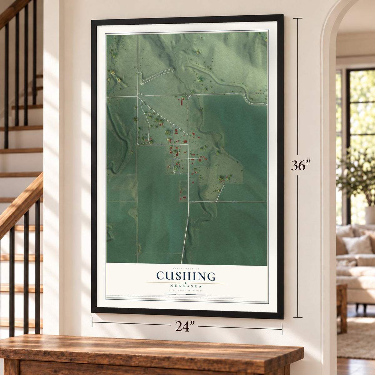 Cushing, Nebraska map, 24 x 36 inch print in a black frame by a staircase