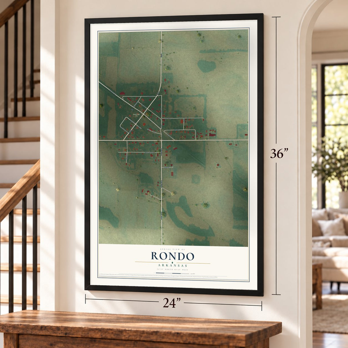 Rondo, Arkansas map, 24 x 36 inch print in a black frame by a staircase