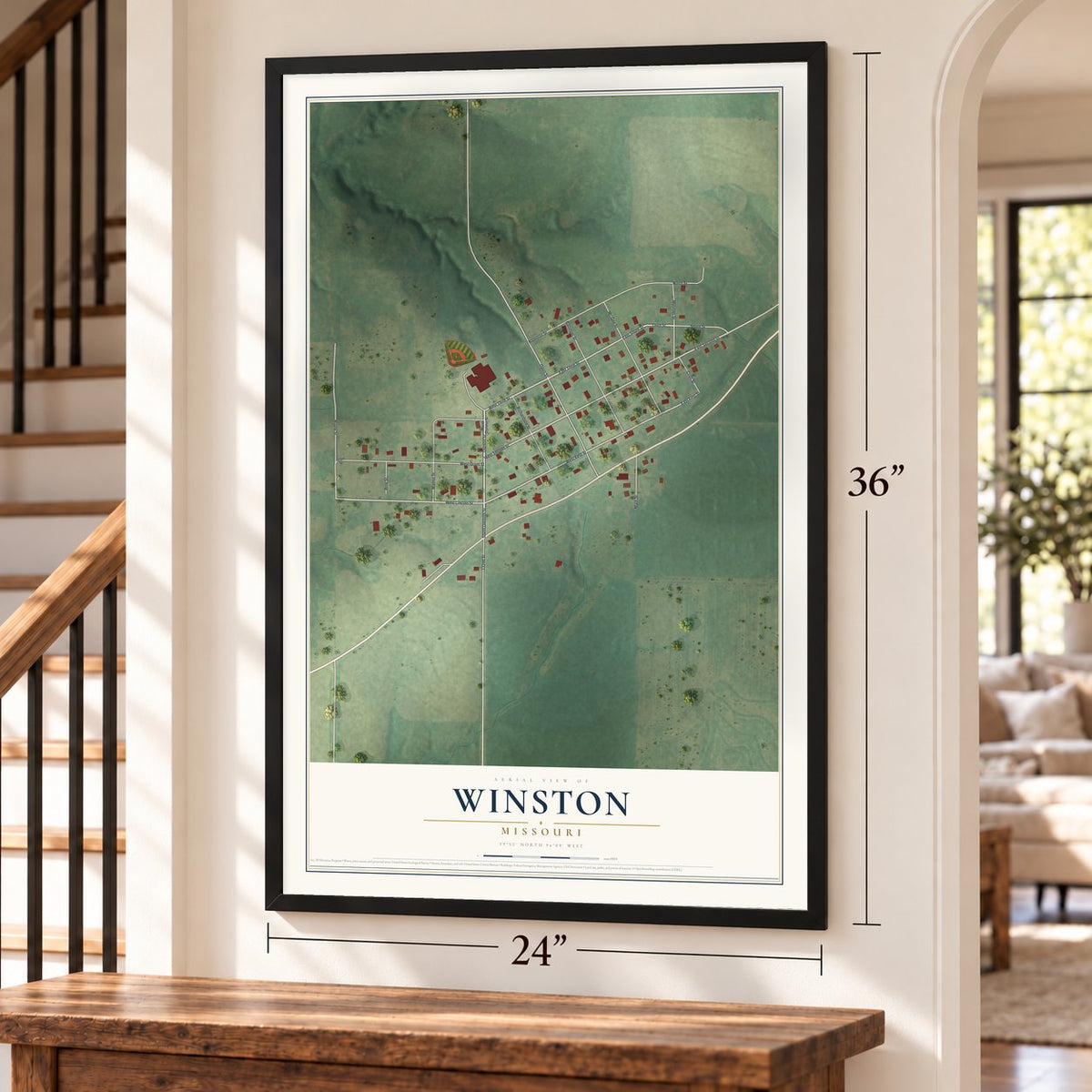 Winston, Missouri map, 24 x 36 inch print in a black frame by a staircase