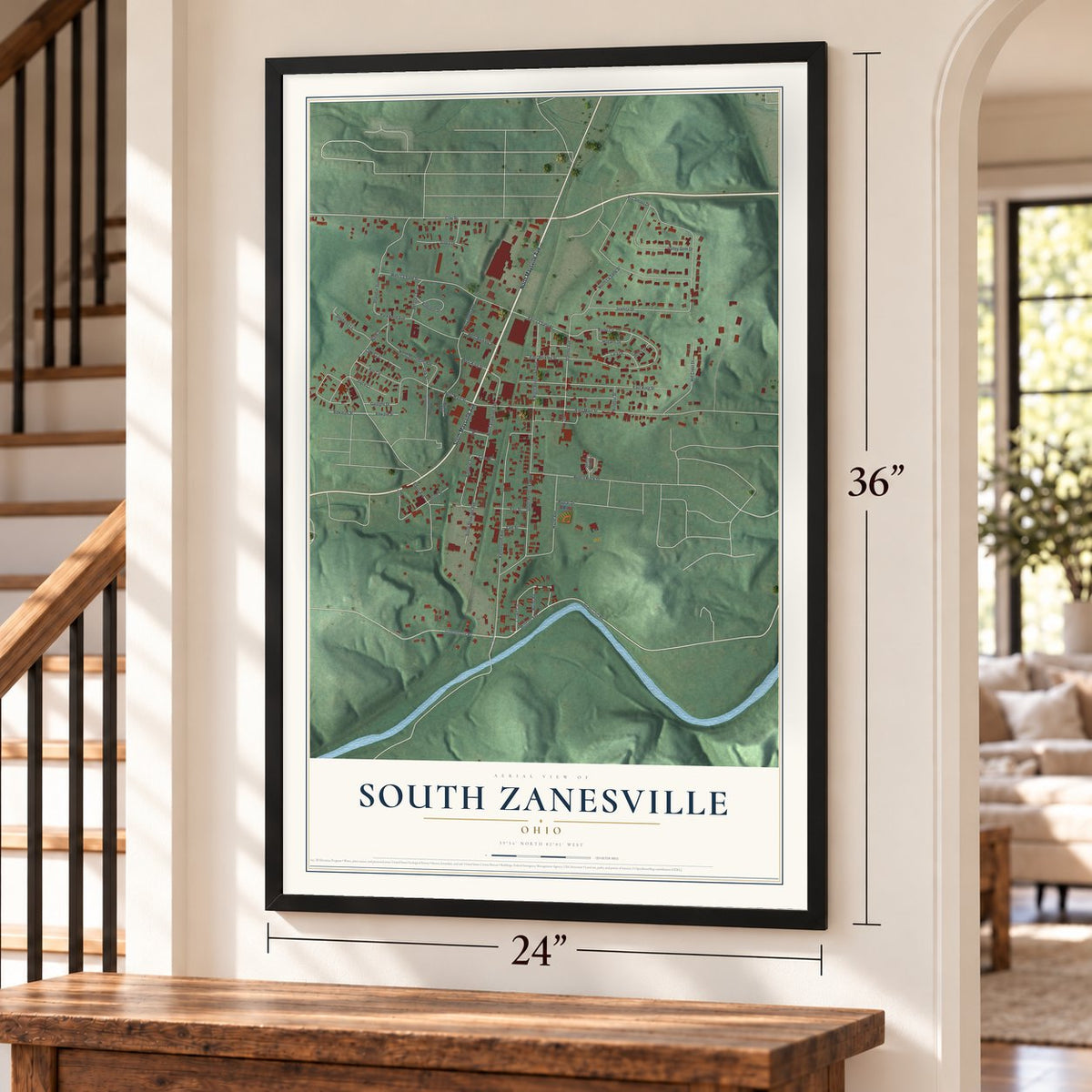 South Zanesville, Ohio map, 24 x 36 inch print in a black frame by a staircase
