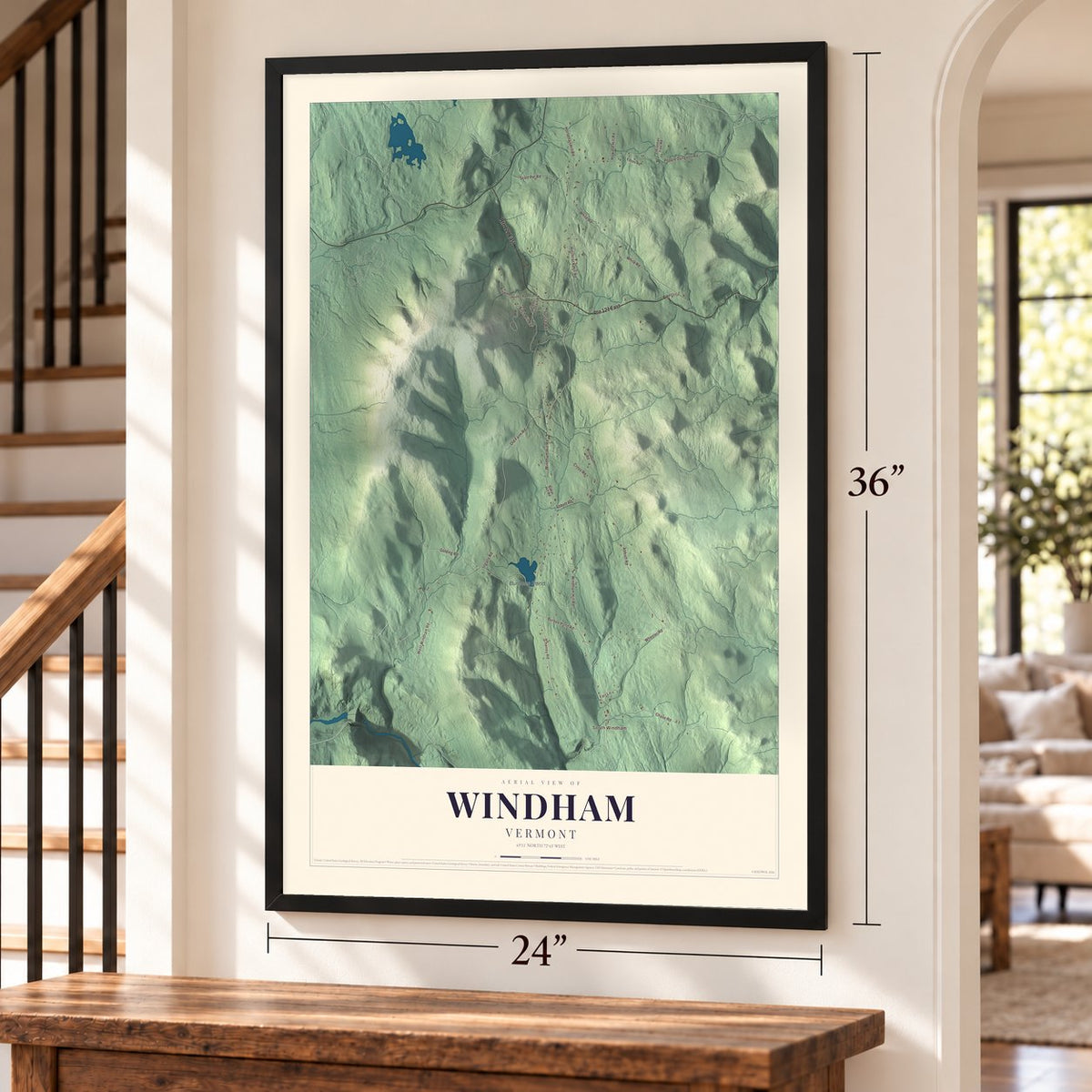 Windham, Vermont map, 24 x 36 inch print in a black frame by a staircase