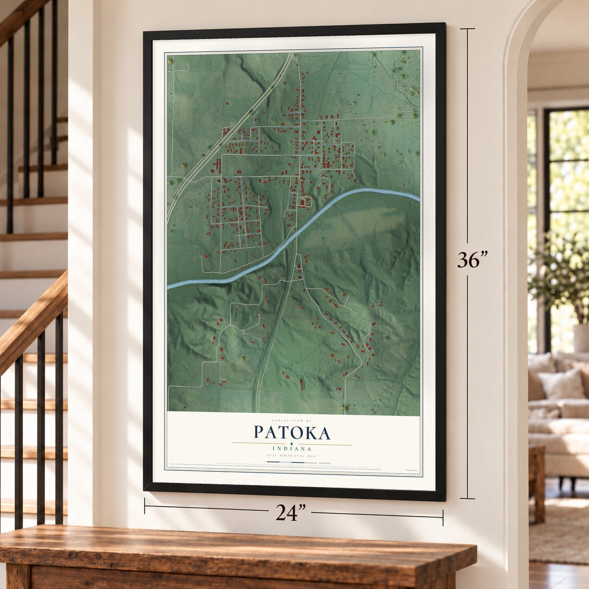 Patoka, Indiana map, 24 x 36 inch print in a black frame by a staircase