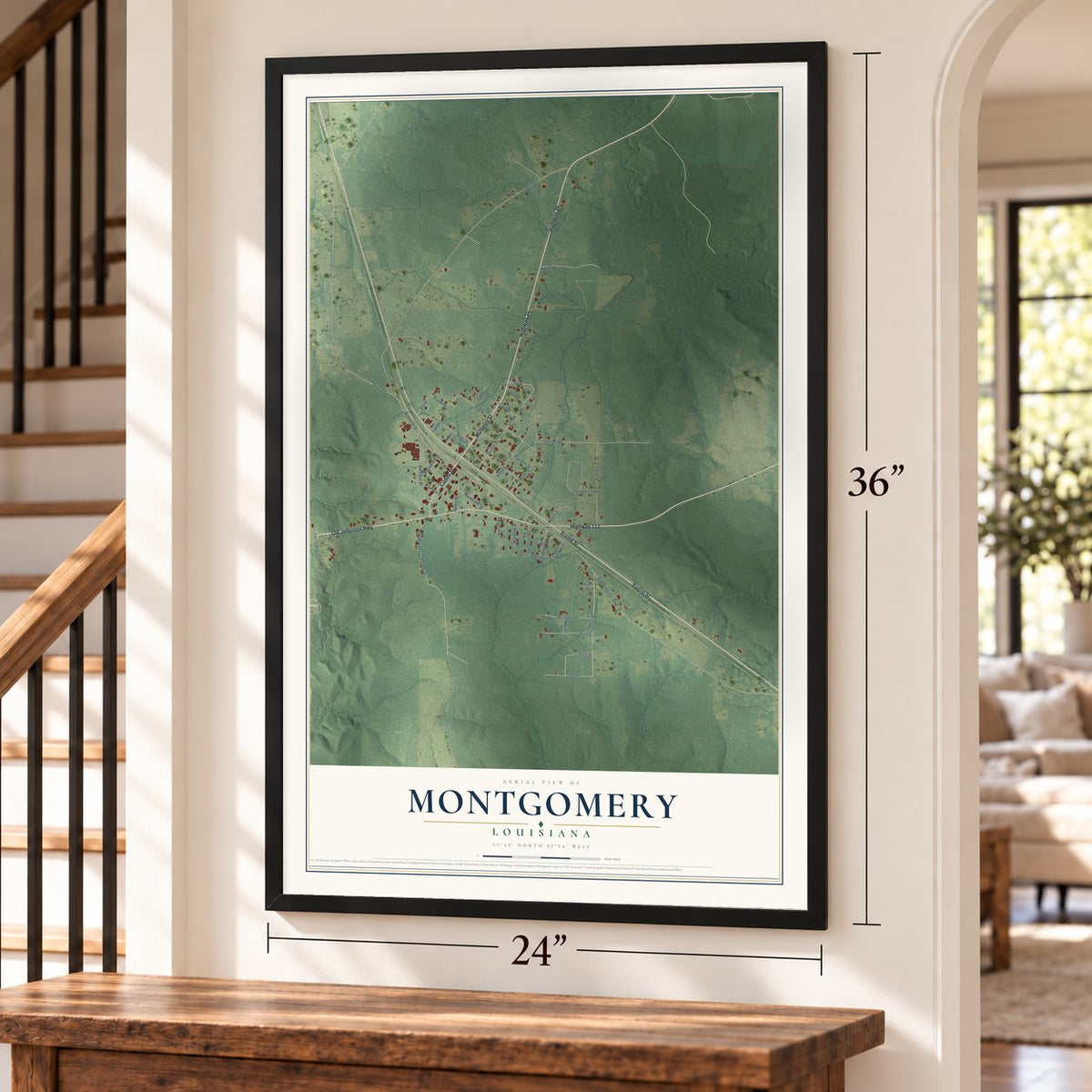 Montgomery, Louisiana map, 24 x 36 inch print in a black frame by a staircase