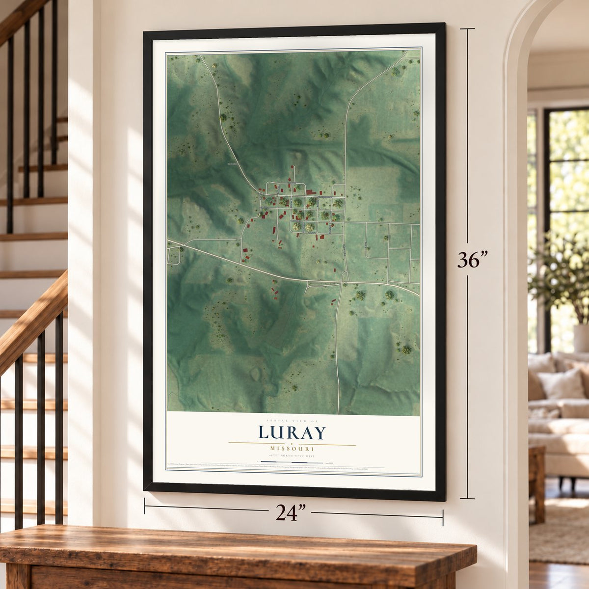 Luray, Missouri map, 24 x 36 inch print in a black frame by a staircase