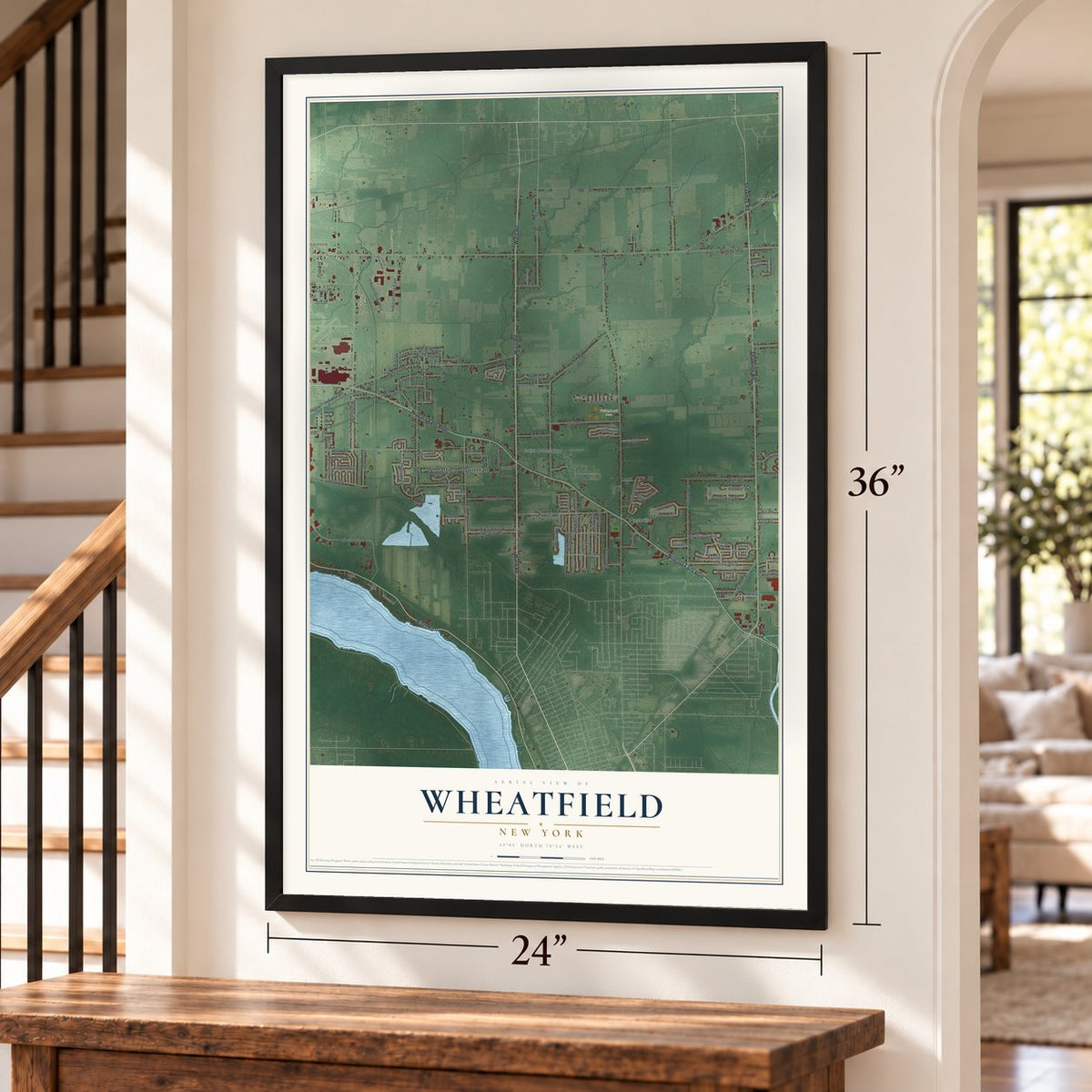 Wheatfield, New York map, 24 x 36 inch print in a black frame by a staircase