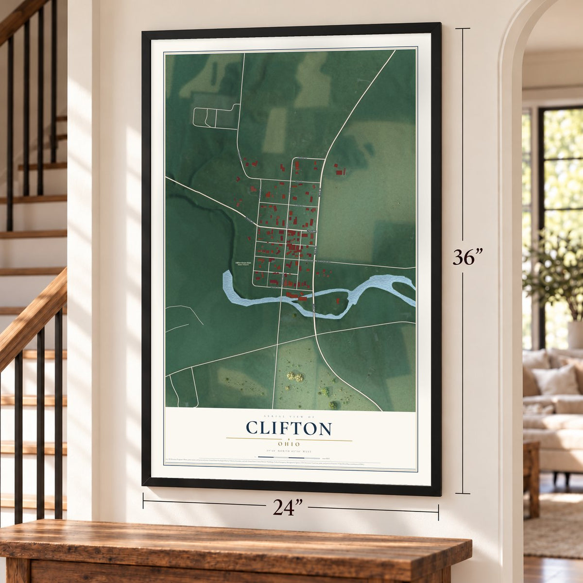 Clifton, Ohio map, 24 x 36 inch print in a black frame by a staircase