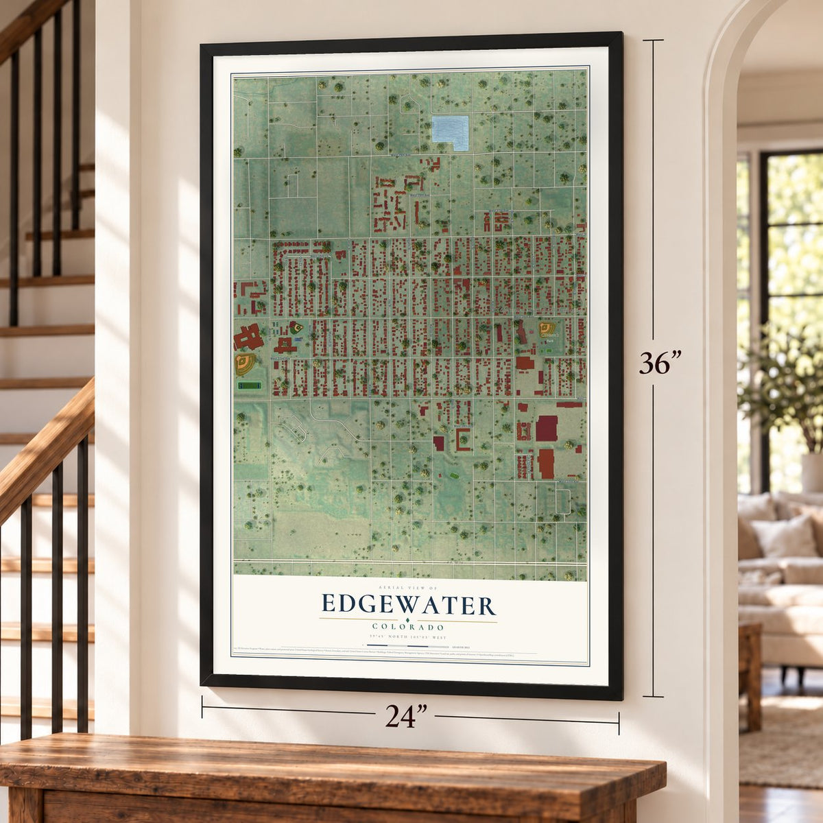 Edgewater, Colorado map, 24 x 36 inch print in a black frame by a staircase