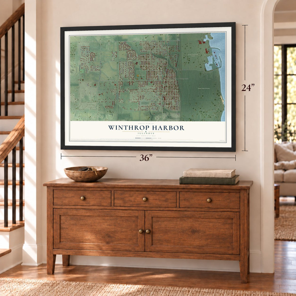 Winthrop Harbor, Illinois map, 24 x 36 inch print in a black frame above a dresser by a staircase
