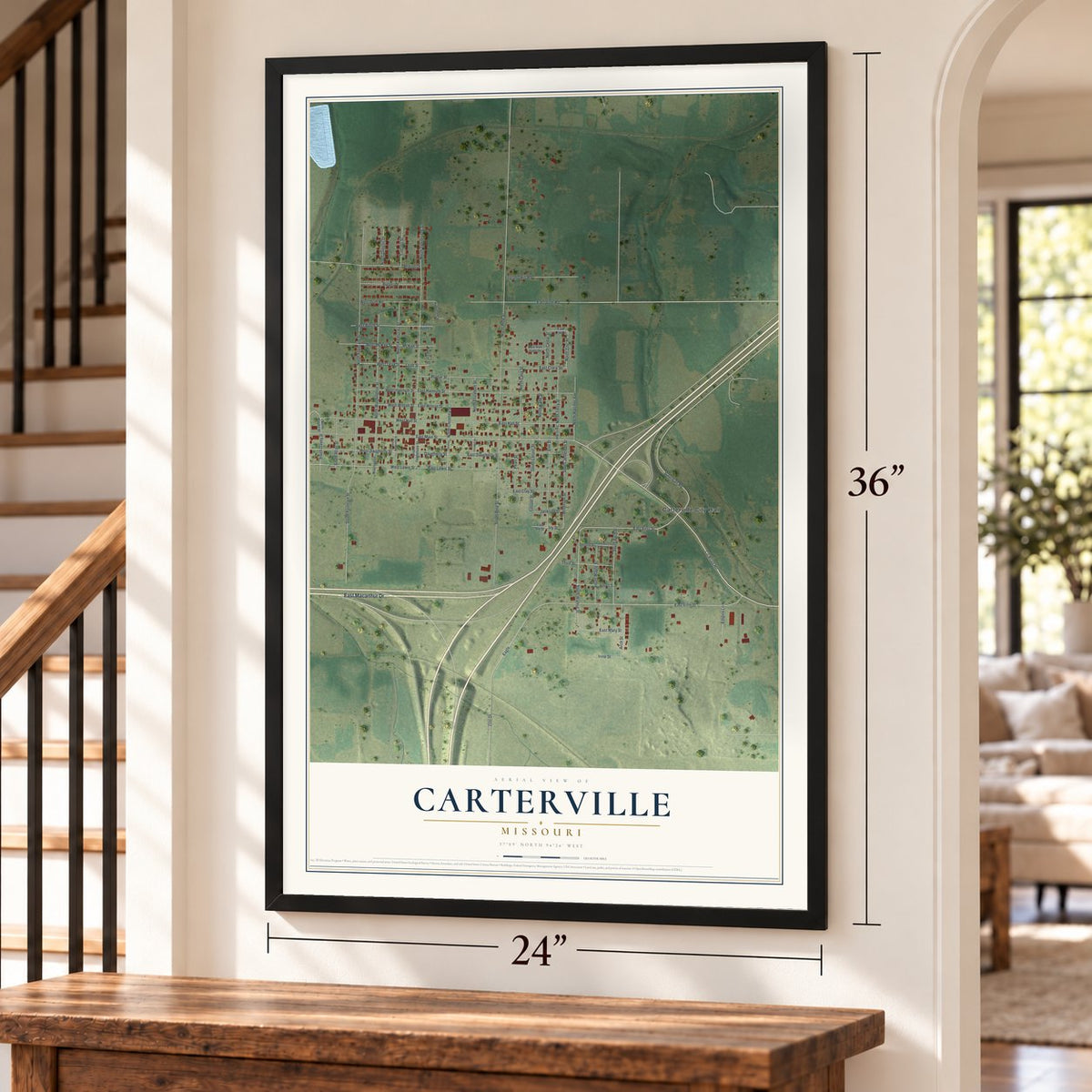Carterville, Missouri map, 24 x 36 inch print in a black frame by a staircase