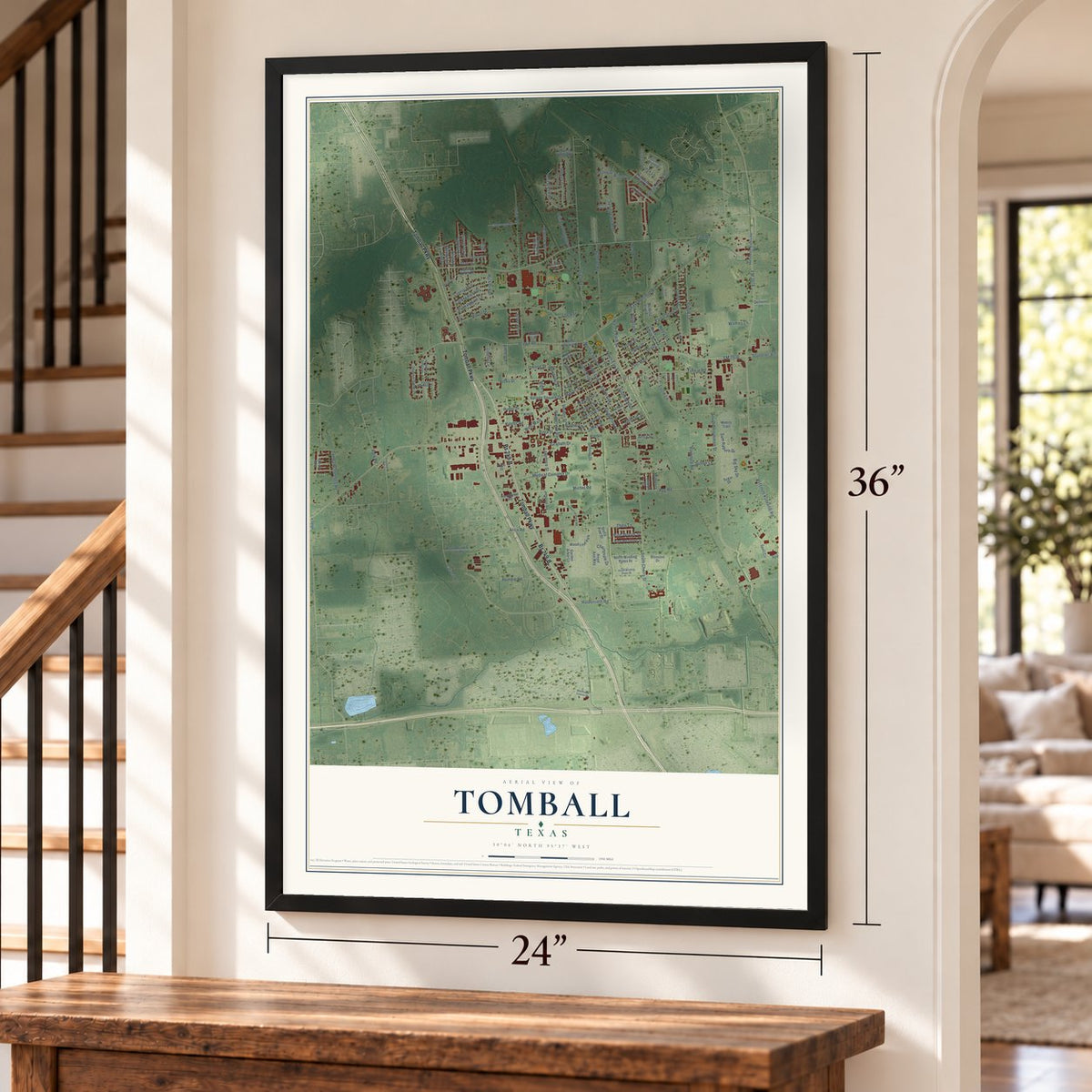 Tomball, Texas map, 24 x 36 inch print in a black frame by a staircase