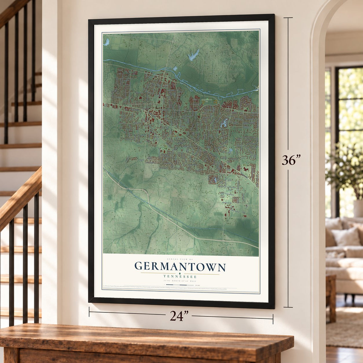 Germantown, Tennessee map, 24 x 36 inch print in a black frame by a staircase