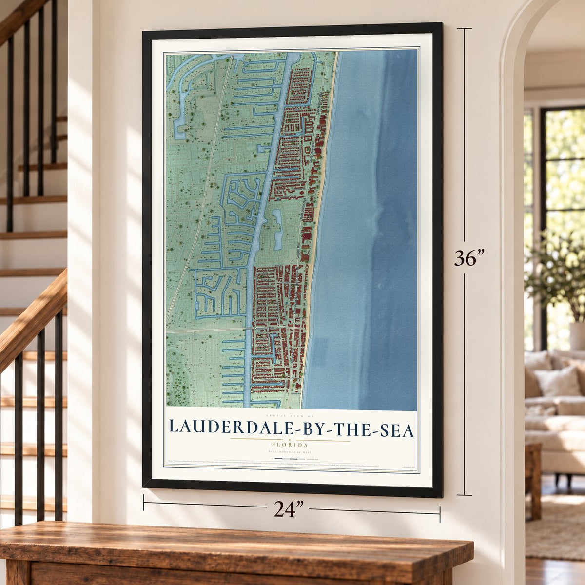Lauderdale-by-the-Sea, Florida map, 24 x 36 inch print in a black frame by a staircase