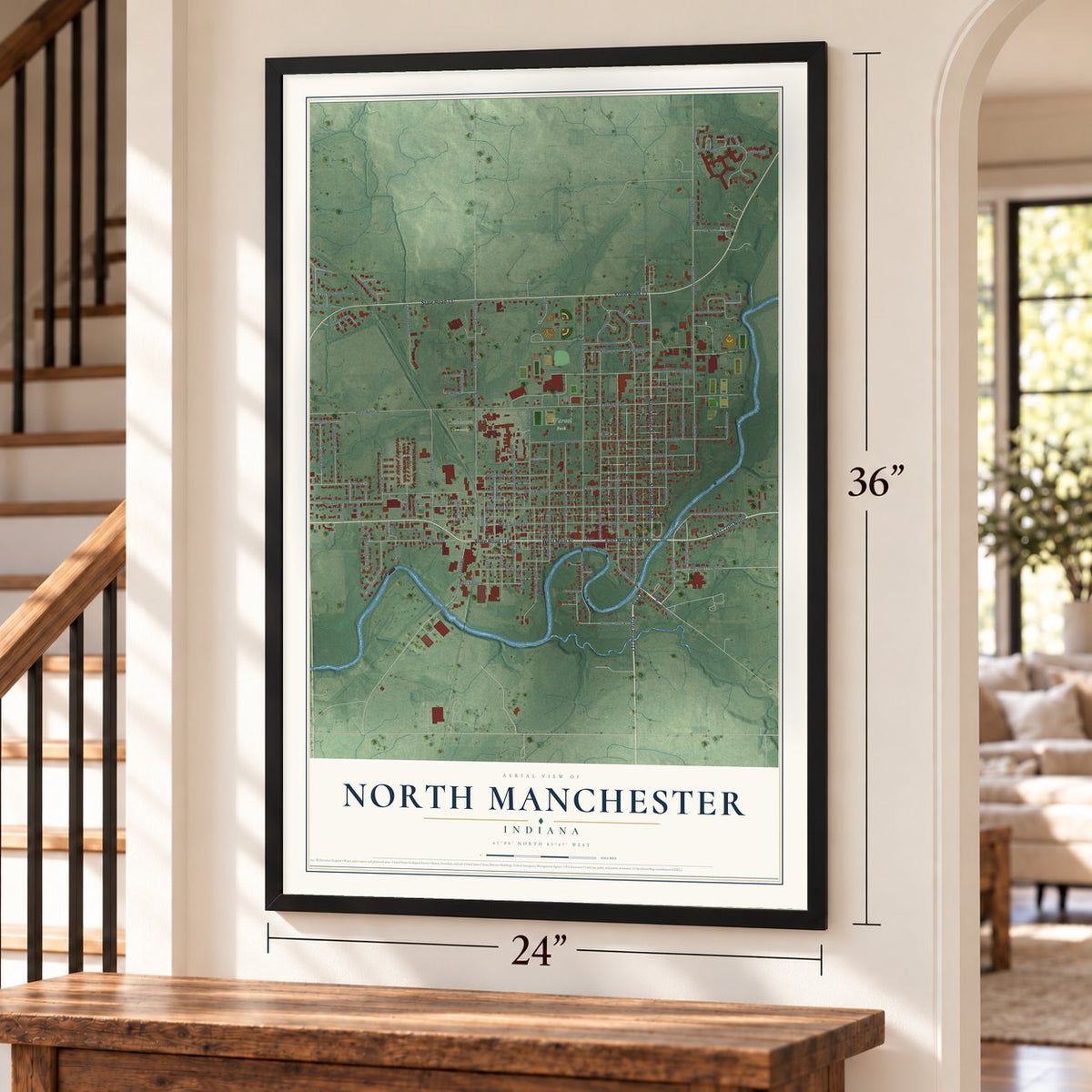 North Manchester, Indiana map, 24 x 36 inch print in a black frame by a staircase