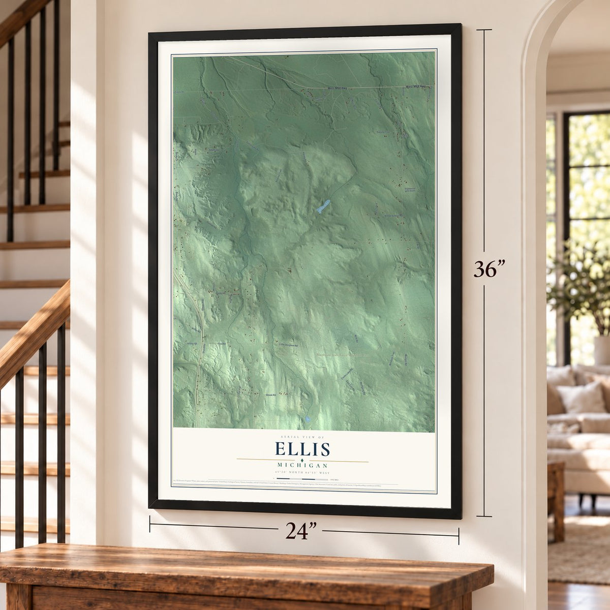 Ellis, Michigan map, 24 x 36 inch print in a black frame by a staircase