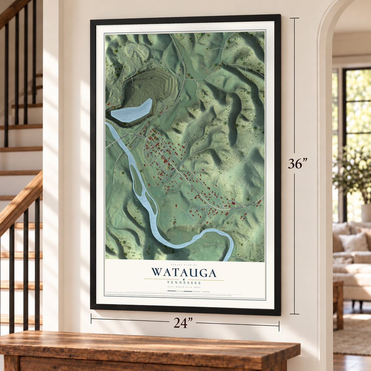 Watauga, Tennessee map, 24 x 36 inch print in a black frame by a staircase